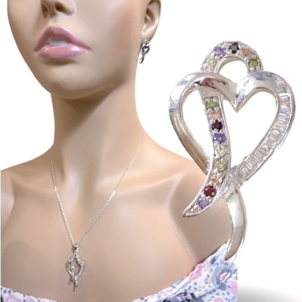 925 Italy Colored & Clear CZ Loop Open Heart Mariner Necklace & Earring Set Firm - Picture 2 of 15